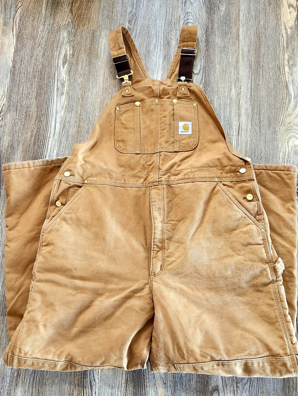 Y2K Carhartt R02 Brown Duck Canvas Bib Overall 44x32 Insulated Double Knee USA - Picture 8 of 15